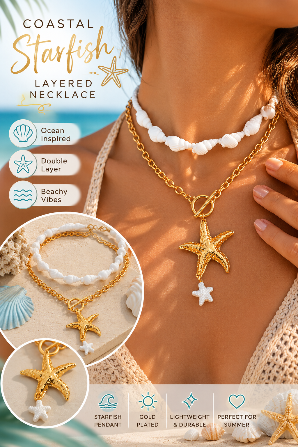 Layered Starfish Shell Necklace for Women – Gold Coastal Beach Necklace with Beaded Choker, Ocean Inspired Summer Jewelry