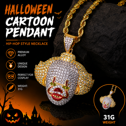 Hip-Hop Cartoon Clown Pendant Necklace Gold Tone Rhinestone Halloween Cosplay Alloy Chain 31g