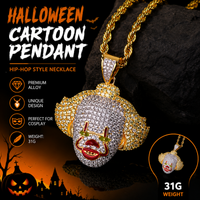 Hip-Hop Cartoon Clown Pendant Necklace Gold Tone Rhinestone Halloween Cosplay Alloy Chain 31g
