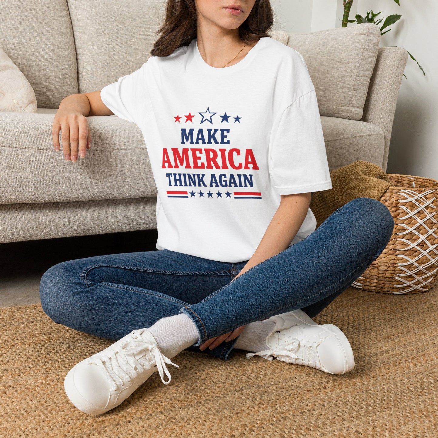 Make America Think Again T-Shirt | Patriotic Red White Blue Graphic Tee Political Statement Shirt Unisex Soft Cotton Tee