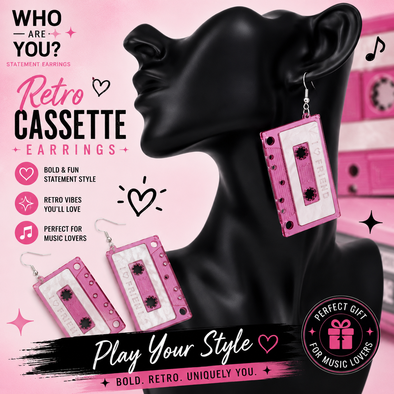 Retro Pink Cassette Tape Statement Earrings Music Lover Dangle Earrings