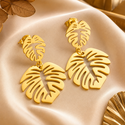 Simple Gold Leaf Drop Earrings for Women | Titanium Steel Electroplated Retro Dangle Earrings