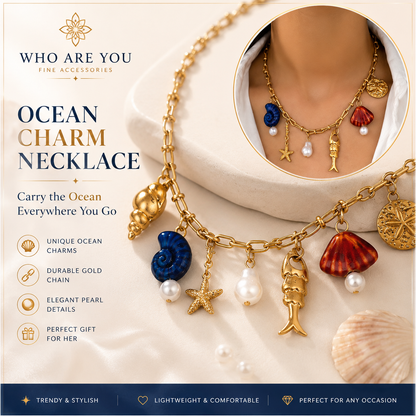 Ocean Charm Pendant Necklace for Women – Gold Starfish, Seashell & Pearl Beach Necklace, Coastal Summer Statement Jewelry