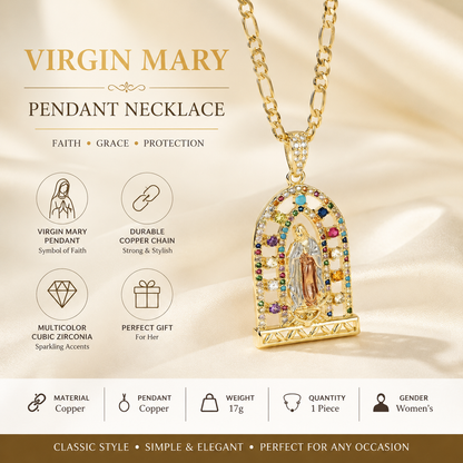 Virgin Mary Pendant Necklace for Women Gold Color Copper Chain with Multicolor CZ Religious Pendant Faith Christian Church Gift