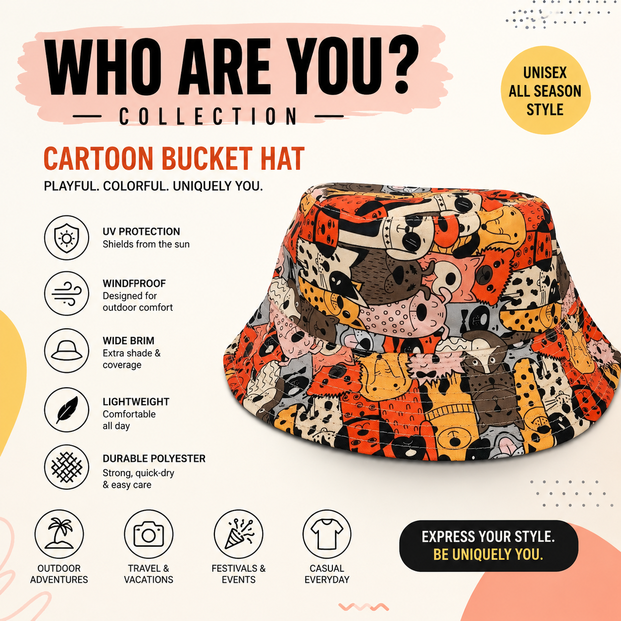 Playful Cartoon Eye Bucket Hat Wide-Brim Unisex UV ProtectionSun Hat