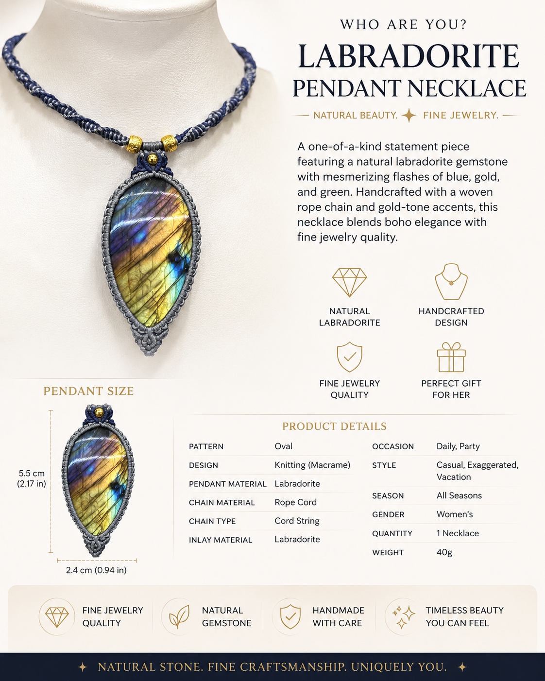 Handmade Labradorite Pendant Necklace – Macrame Crystal Necklace with Labradorite Stone
