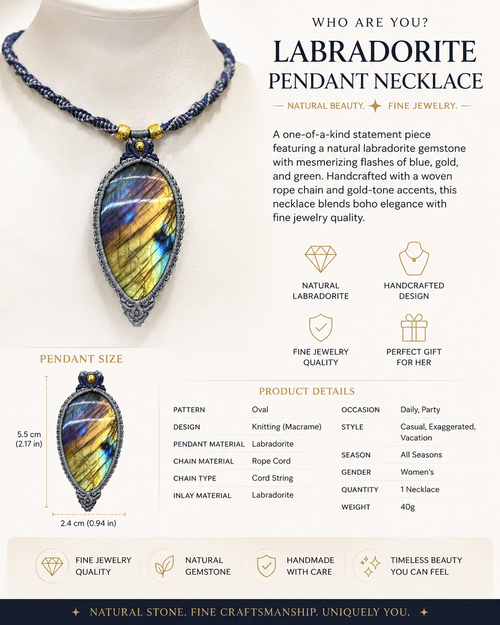 Handmade Labradorite Pendant Necklace – Macrame Crystal Necklace with Labradorite Stone