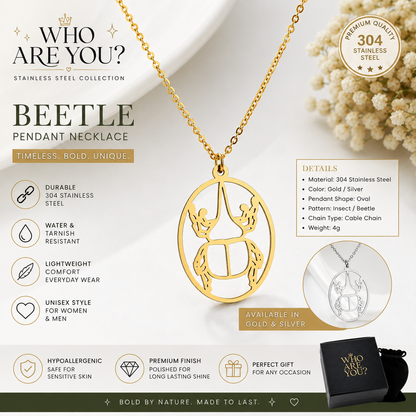 Oval Beetle Pendant Necklace – Stainless Steel Insect Jewelry