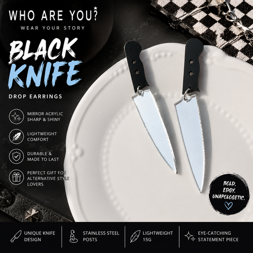 Black Knife Drop Earrings – Mirror Acrylic Gothic Statement Earrings | WHO ARE YOU?