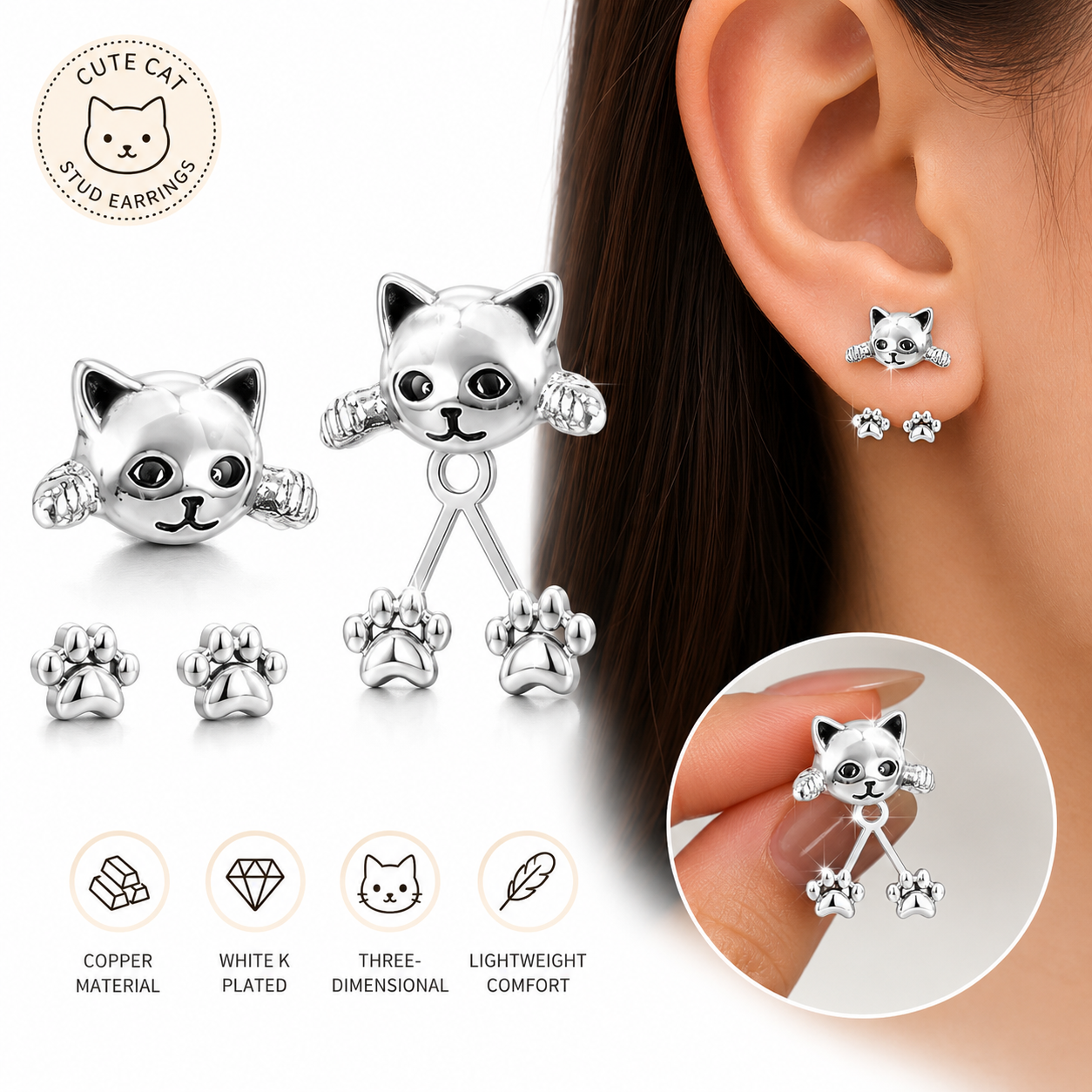 Cute Cat Stud Earrings with Removable Paw Jacket | White K Plated Copper Earrings for Women | Lightweight 3D Animal Jewelry Gift