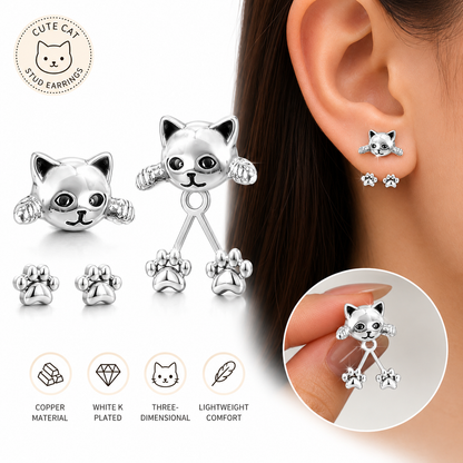 Cute Cat Stud Earrings with Removable Paw Jacket | White K Plated Copper Earrings for Women | Lightweight 3D Animal Jewelry Gift