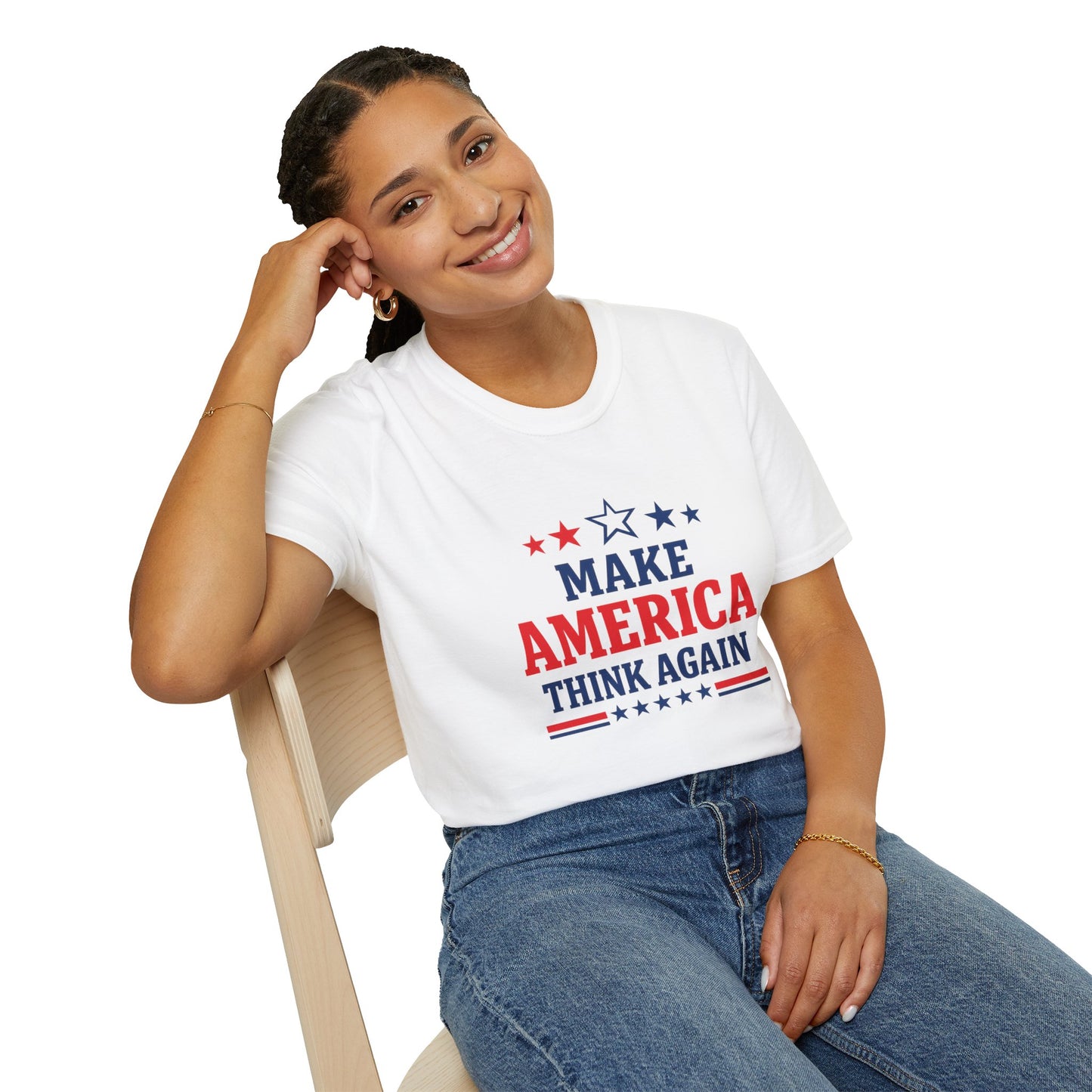 Make America Think Again T-Shirt | Patriotic Red White Blue Graphic Tee Political Statement Shirt Unisex Soft Cotton Tee