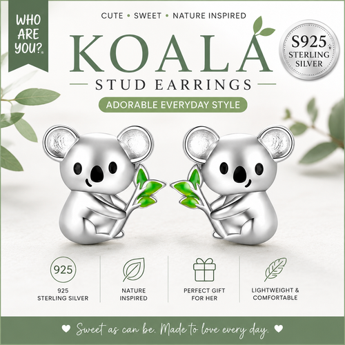S925 Sterling Silver Koala Stud Earrings Cute Animal Earrings for Women