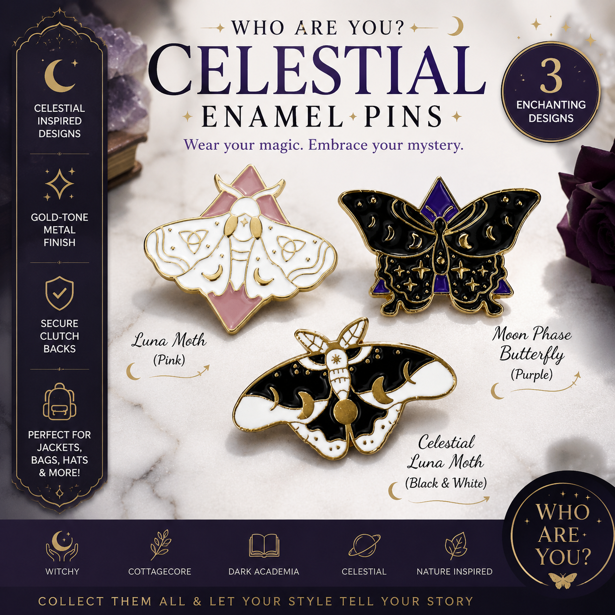 Celestial luna moth enamel pin with moon and gold details