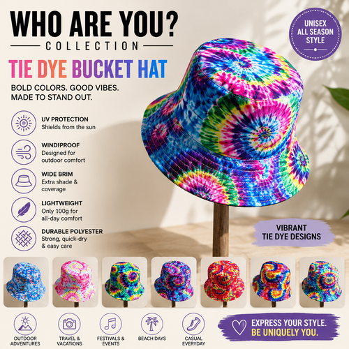 Colorful Tie-Dye Bucket Hat Unisex Wide-Brim Festival Sun Hat