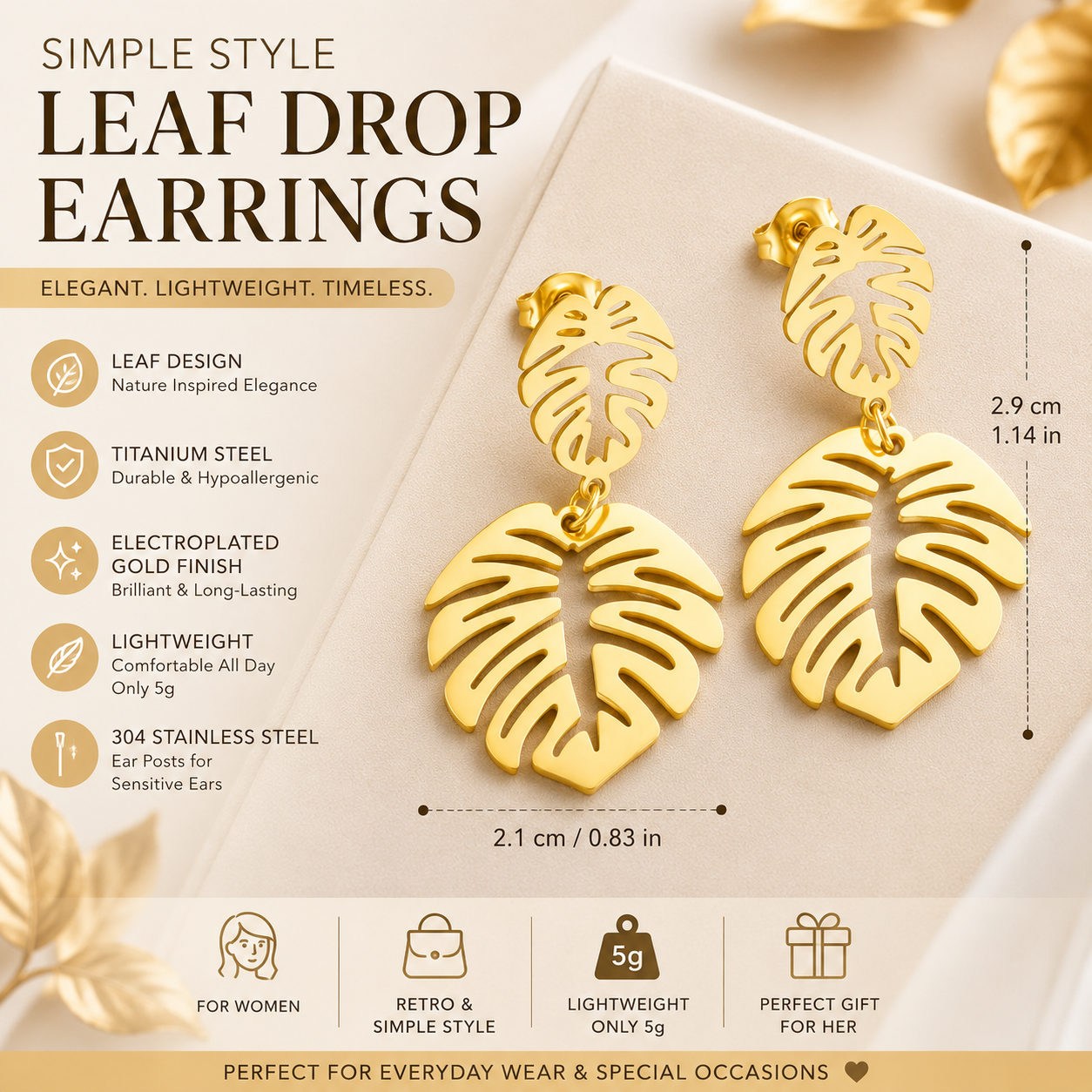 Simple Gold Leaf Drop Earrings for Women | Titanium Steel Electroplated Retro Dangle Earrings
