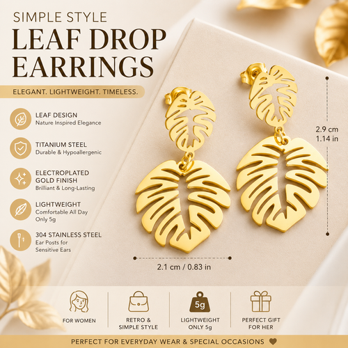 Simple Gold Leaf Drop Earrings for Women | Titanium Steel Electroplated Retro Dangle Earrings