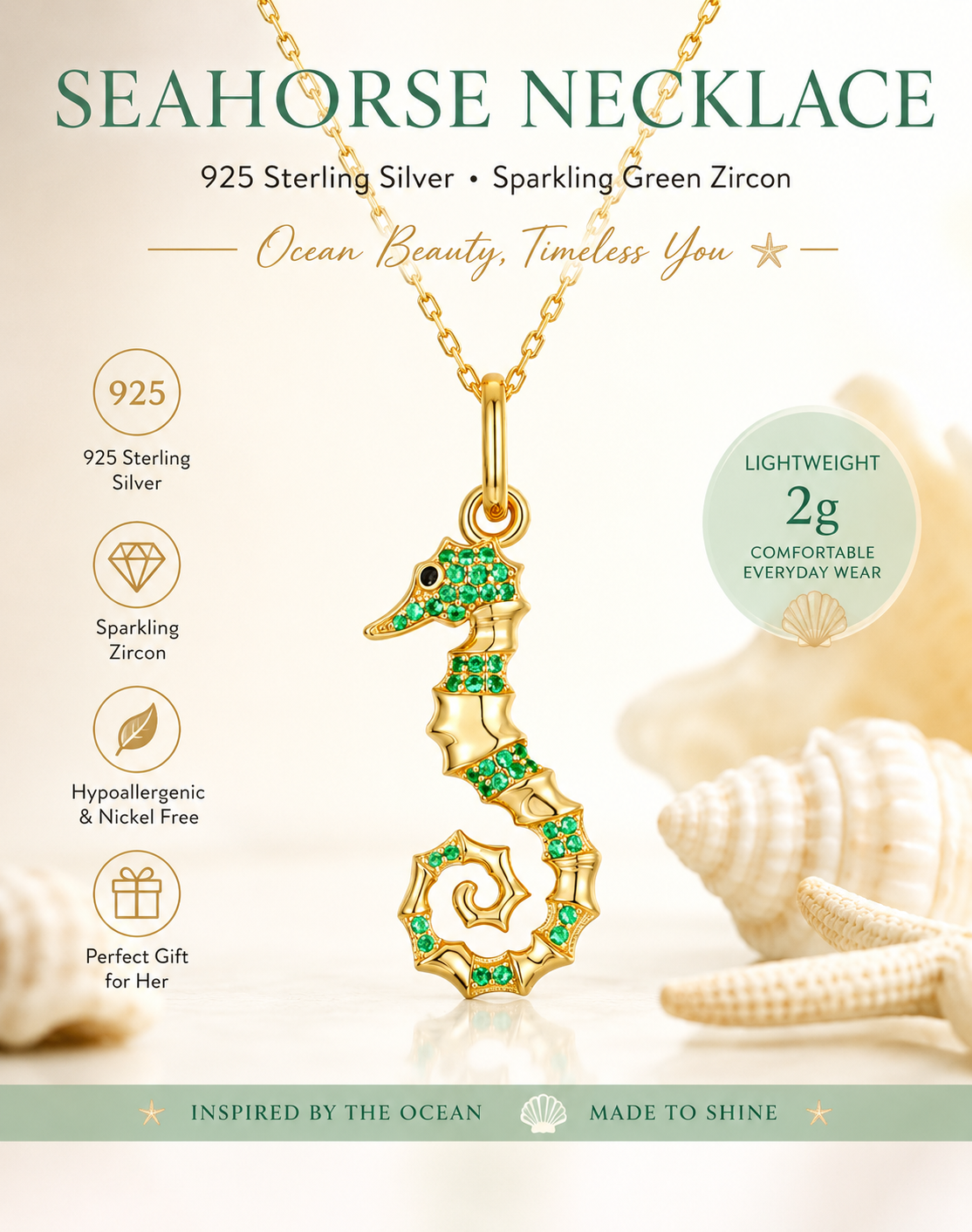 925 Sterling Silver Seahorse Necklace | Ocean Jewelry & Beach Jewelry for Women Green Zircon Pendant