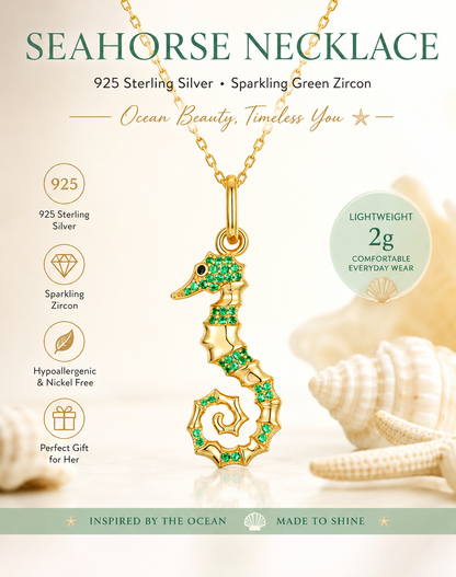 925 Sterling Silver Seahorse Necklace | Ocean Jewelry & Beach Jewelry for Women Green Zircon Pendant