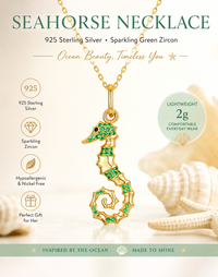 925 Sterling Silver Seahorse Necklace | Ocean Jewelry & Beach Jewelry for Women Green Zircon Pendant