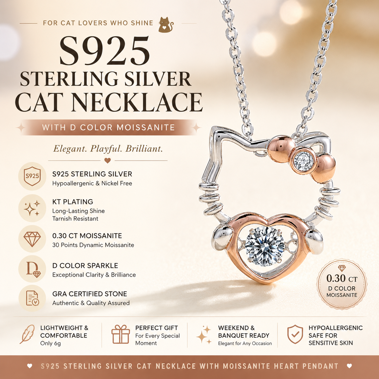 S925 Sterling Silver Cat Necklace With Moissanite KT Plating Electric Shocking Heart 30 Points Dynamic D Color Moissanite Stone