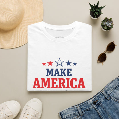 Make America Think Again T-Shirt | Patriotic Red White Blue Graphic Tee Political Statement Shirt Unisex Soft Cotton Tee