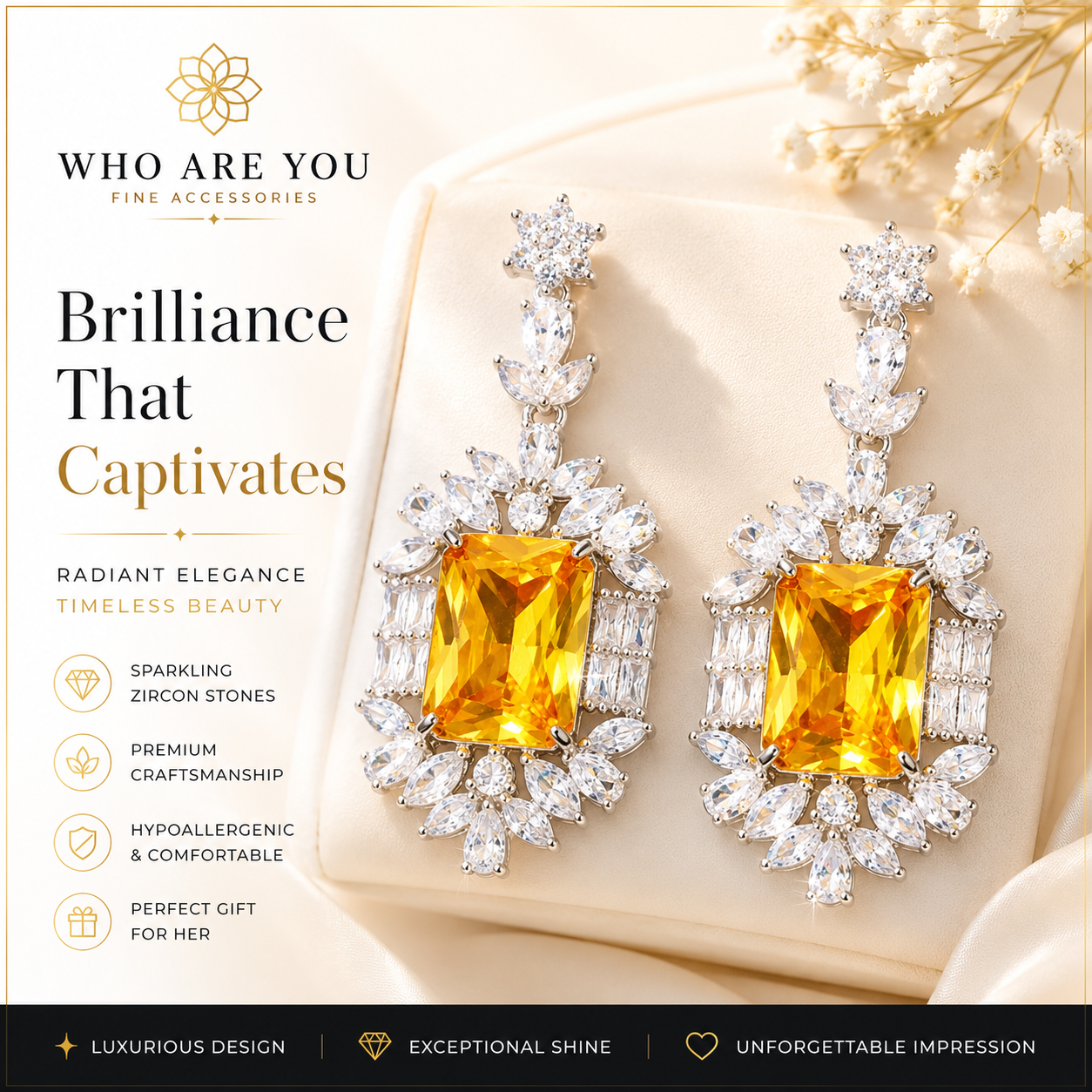 Luxury Rhodium Plated Yellow Zircon Drop Earrings for Women – 925 Sterling Silver Posts, Glam Square Crystal Statement Earrings