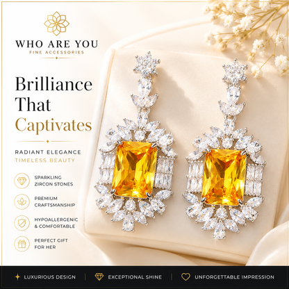 Luxury Rhodium Plated Yellow Zircon Drop Earrings for Women – 925 Sterling Silver Posts, Glam Square Crystal Statement Earrings