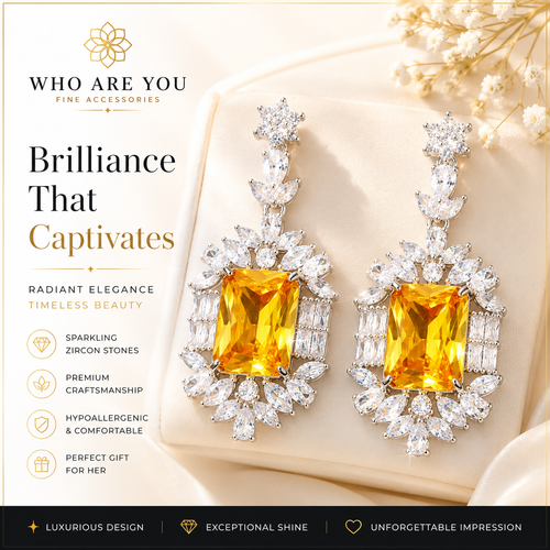 Luxury Rhodium Plated Yellow Zircon Drop Earrings for Women – 925 Sterling Silver Posts, Glam Square Crystal Statement Earrings