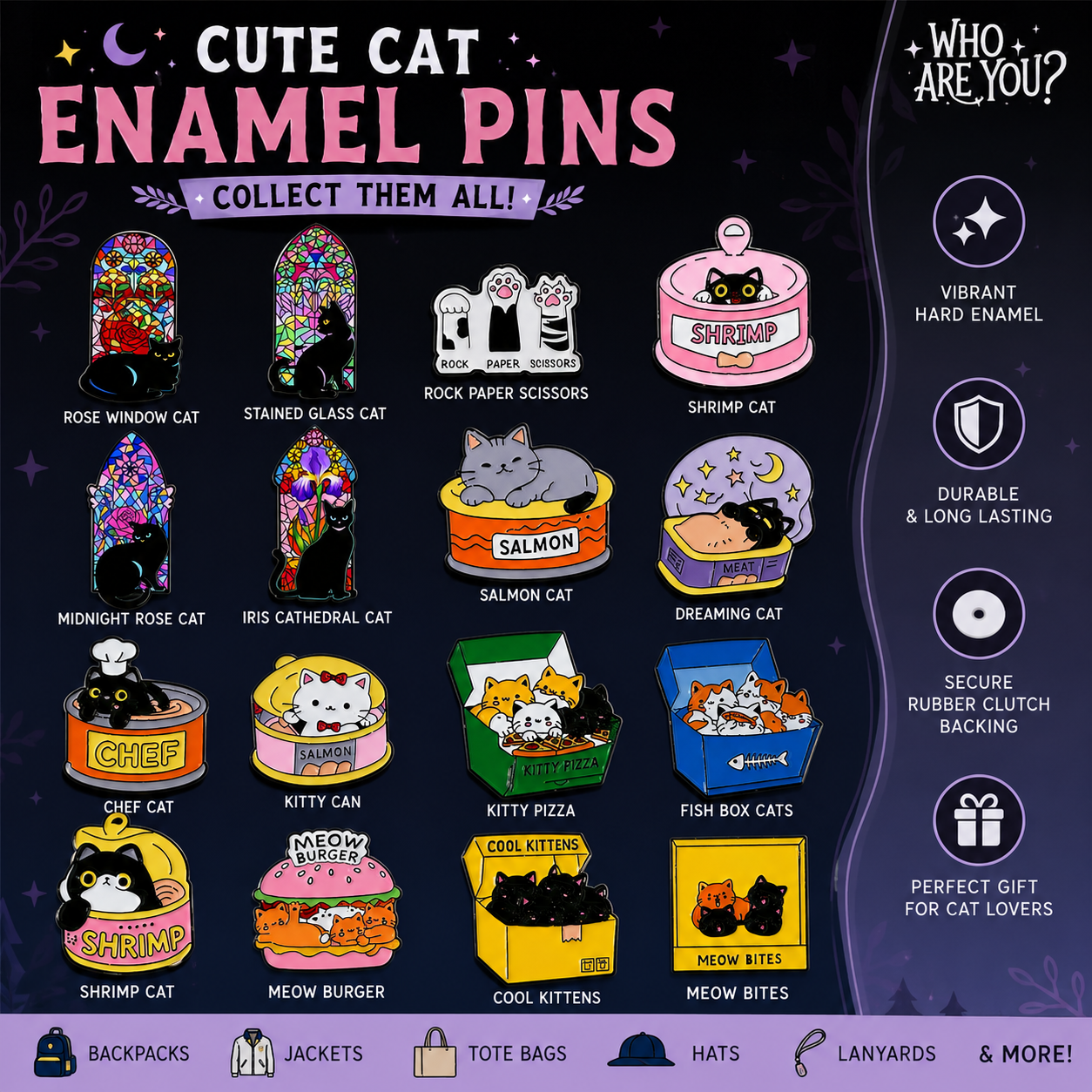 Cute cat enamel pin collection featuring black cats and kittens