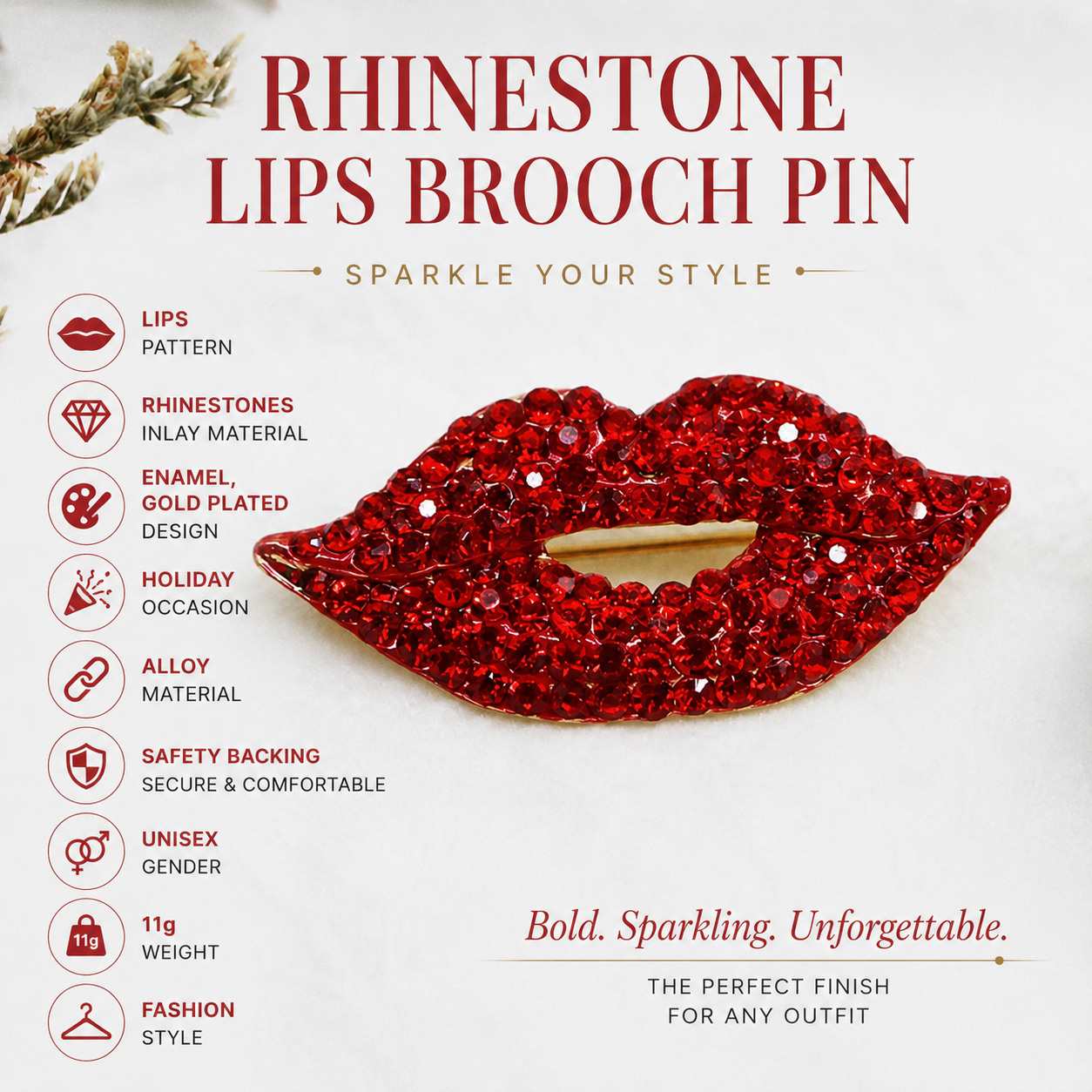 Red Rhinestone Lips Brooch Pin – Sparkly Crystal Lip Pin with Safety Clasp Backing