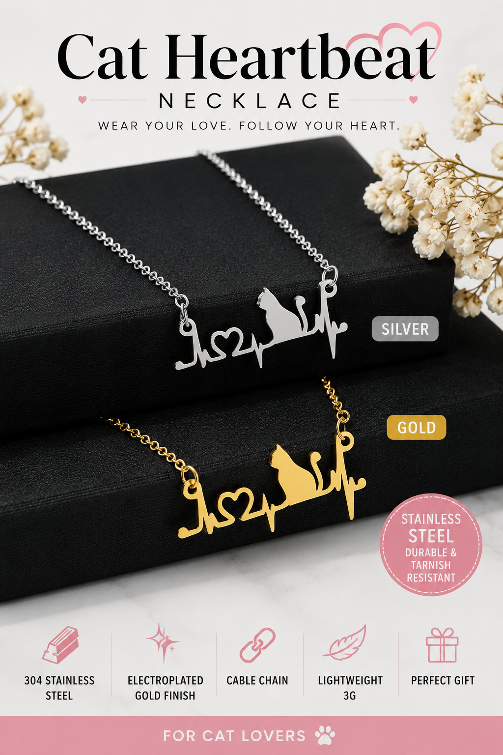 Cat Heartbeat Necklace for Women – Stainless Steel Cat Lover ECG Pendant Necklace in Gold or Silver