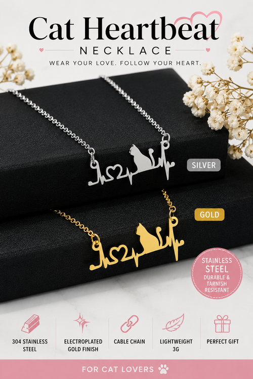 Cat Heartbeat Necklace for Women – Stainless Steel Cat Lover ECG Pendant Necklace in Gold or Silver