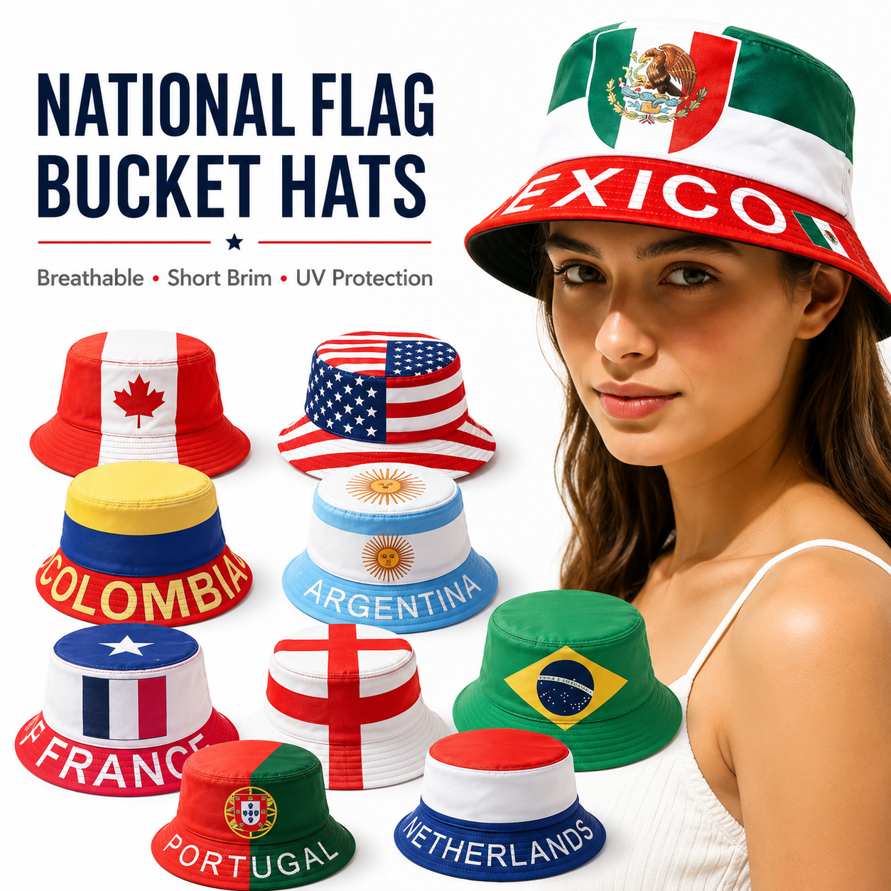 National Flag Short-Brim Bucket Hat – Breathable UV Protection Soccer Football Fan Hat