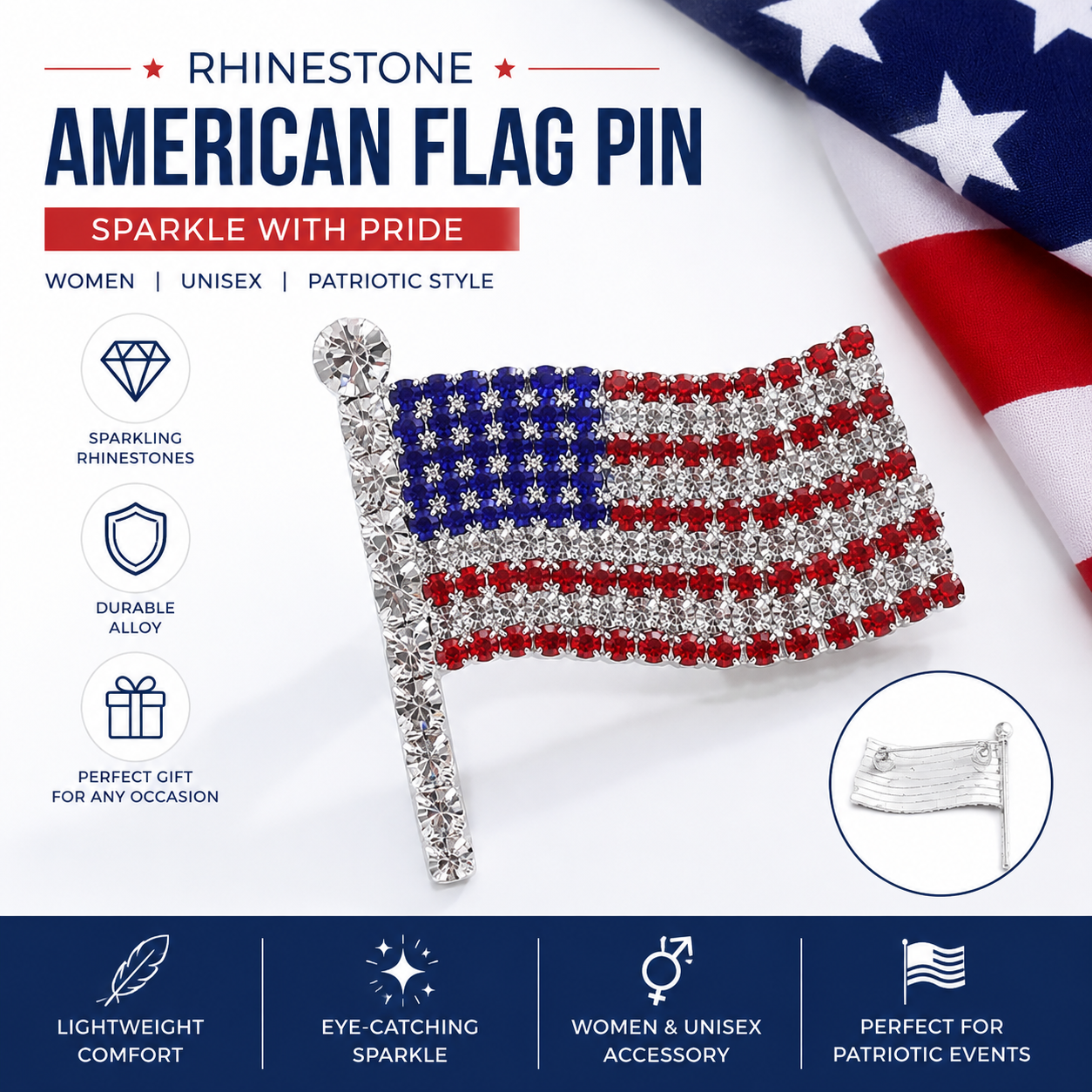 Rhinestone American Flag Pin Brooch – Patriotic Crystal USA Flag Lapel Pin for Women & Men
