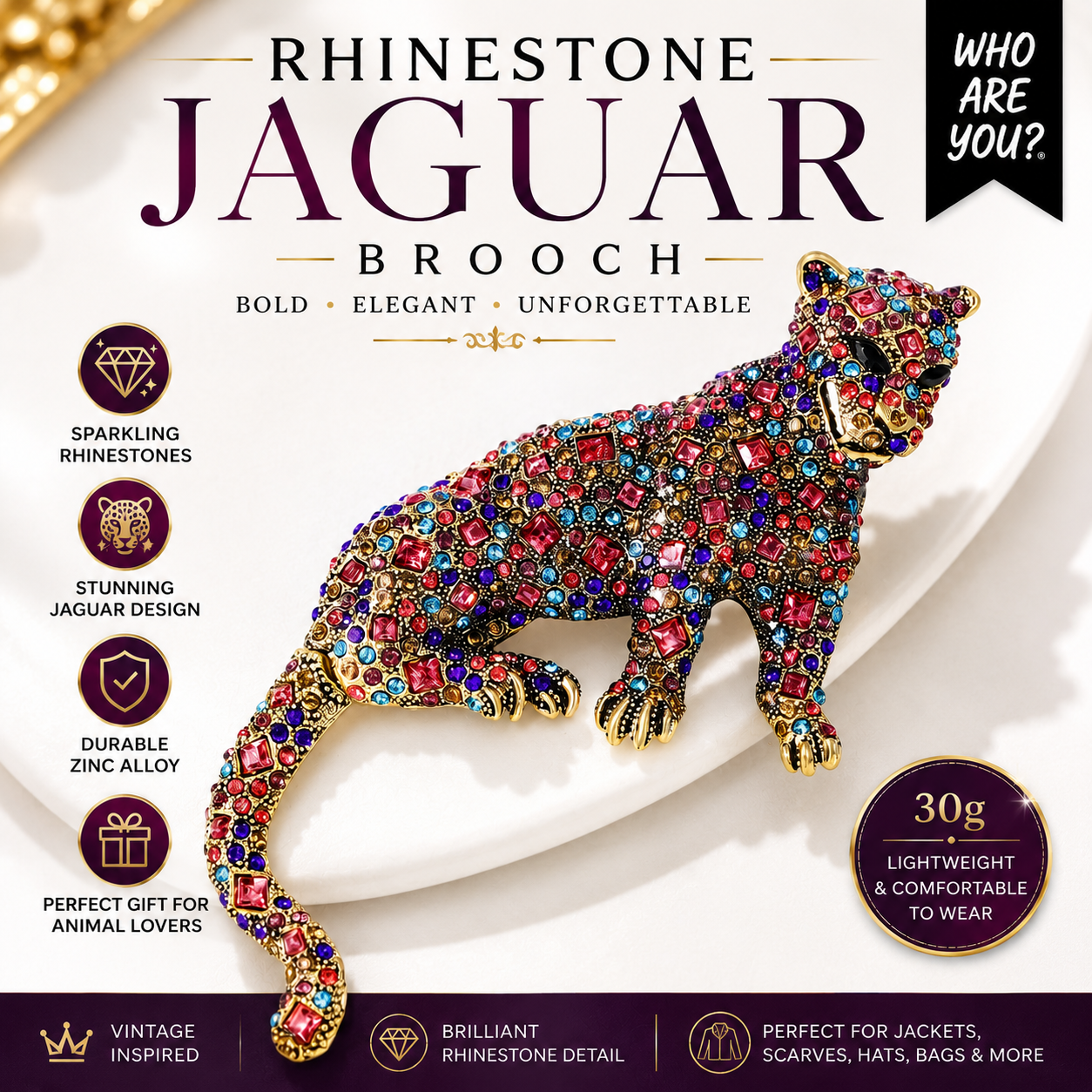 Vintage Rhinestone Jaguar Brooch Pin | Colorful Crystal Big Cat Lapel Pin