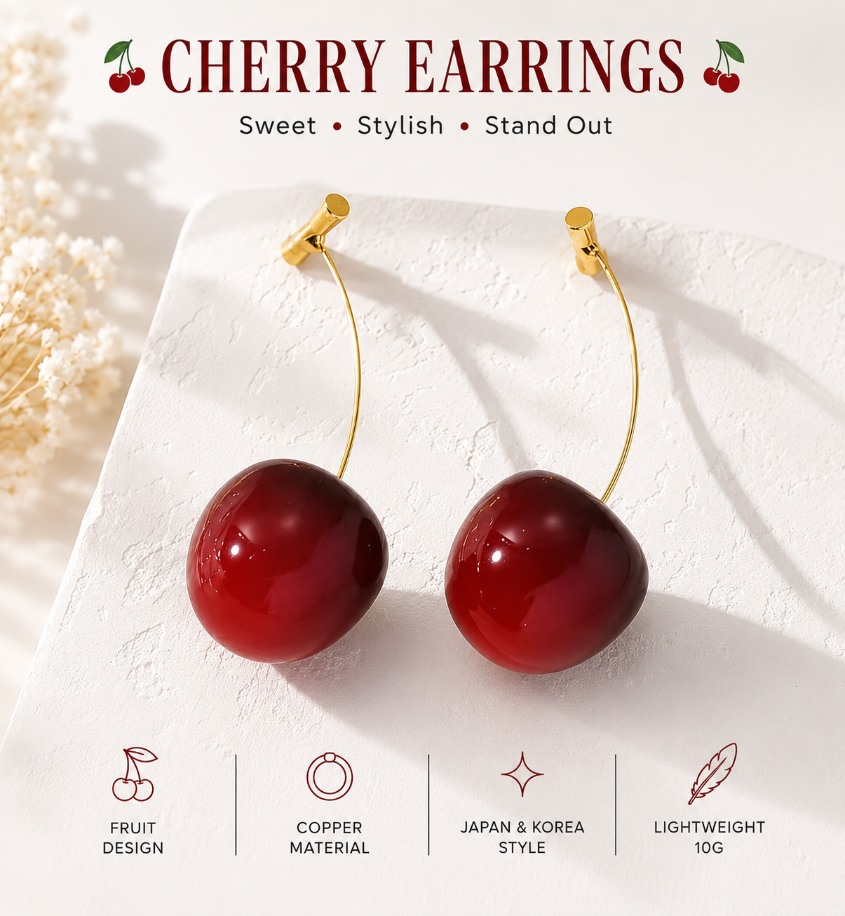 Cute Cherry Drop Earrings for Women Korean Style Red Fruit Earrings in Gold Tone Copper