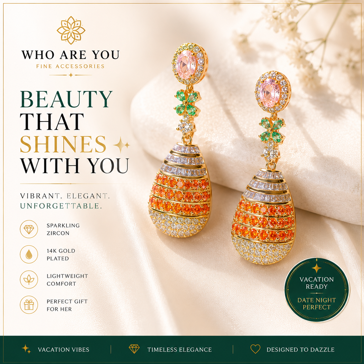 Luxury 14K Gold Plated Zircon Teardrop Dangle Earrings for Women 925 Sterling Silver Posts, Vacation & Date Night Statement Jewelry